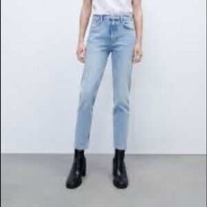 Zara Slim Straight Light Distressed Raw Hem High Rise Denim Jeans